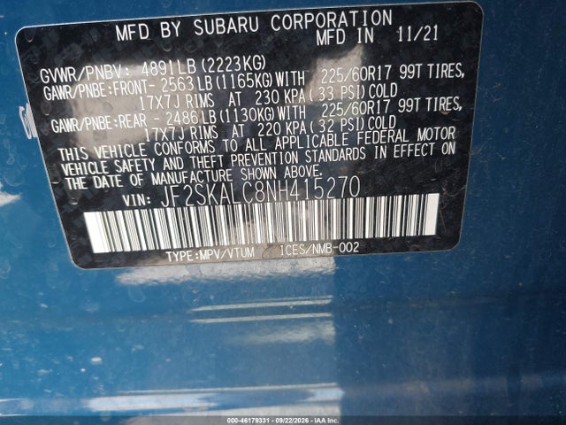2022 Subaru Forester Wilderness მანქანა იყიდება აუქციონზე, vin: JF2SKALC8NH415270, აუქციონის ნომერი: 46179331