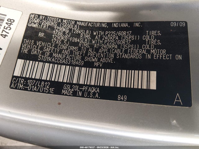Aukcja sprzedaży 2010 Toyota Sienna Xle, vin: 5TDYK4CC6AS318469, numer aukcji: 46179337