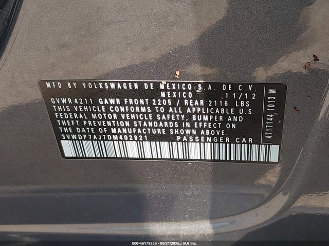 2013 Volkswagen Jetta 2.5l Se მანქანა იყიდება აუქციონზე, vin: 3VWDP7AJ7DM402921, აუქციონის ნომერი: 46179338