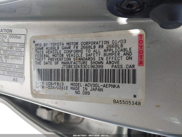 Auction sale of the 2003 Toyota Camry Le, vin: JTDBE32K530196399, lot number: 46179341