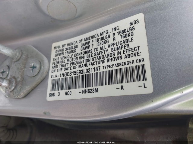 46179344 :رقم المزاد ، 1HGES15593L031147 vin ، 2003 Honda Civic Lx مزاد بيع