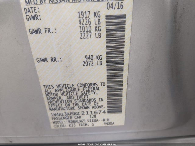 46179345 :رقم المزاد ، 1N4AL3AP0GC211674 vin ، 2016 Nissan Altima 2.5 Sv مزاد بيع