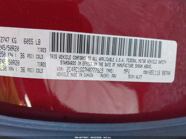Aukcja sprzedaży 2017 Chrysler Pacifica Limited, vin: 2C4RC1GG7HR777929, numer aukcji: 46179351