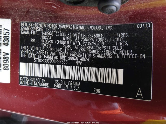 2013 Toyota Sienna Se 8 Passenger მანქანა იყიდება აუქციონზე, vin: 5TDXK3DC9DS357565, აუქციონის ნომერი: 46179381