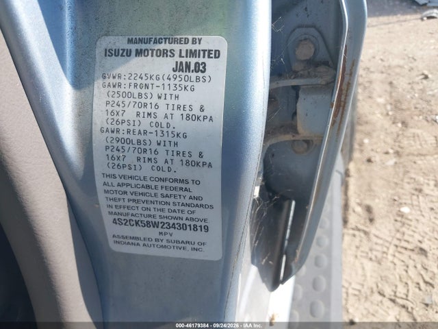 2003 Isuzu Rodeo S 3.2l V6 მანქანა იყიდება აუქციონზე, vin: 4S2CK58W234301819, აუქციონის ნომერი: 46179384