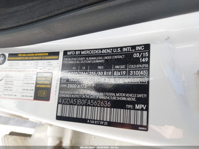 Продажа на аукционе авто 2015 Mercedes-benz Ml 350, vin: 4JGDA5JB0FA562636, номер лота: 46179385