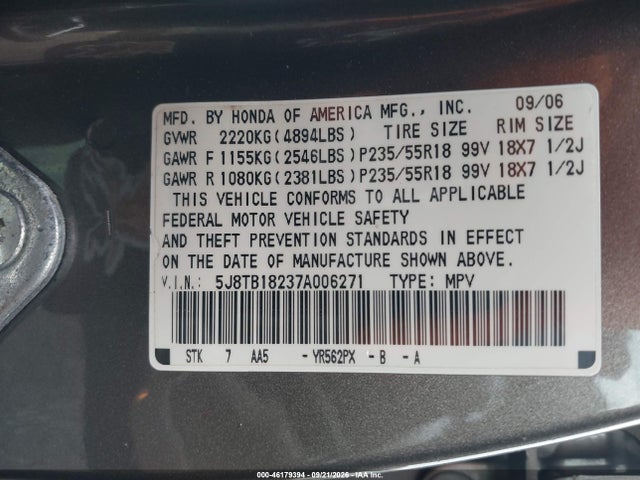 2007 Acura Rdx მანქანა იყიდება აუქციონზე, vin: 5J8TB18237A006271, აუქციონის ნომერი: 46179394