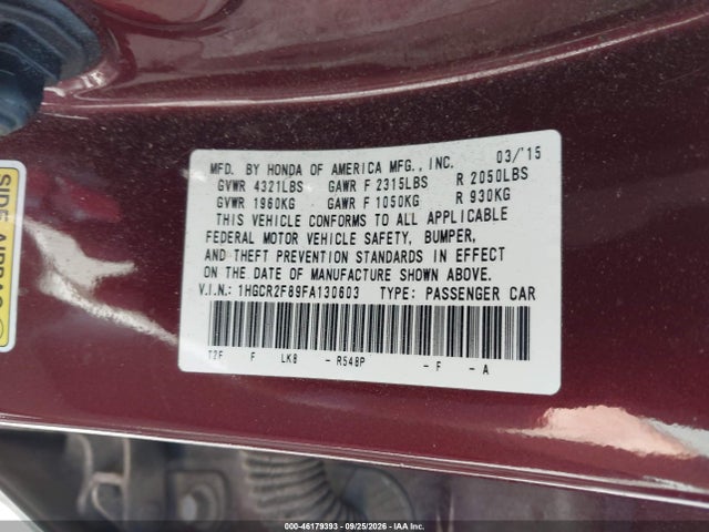 Продаж на аукціоні авто 2015 Honda Accord Ex-l, vin: 1HGCR2F89FA130603, номер лоту: 46179393