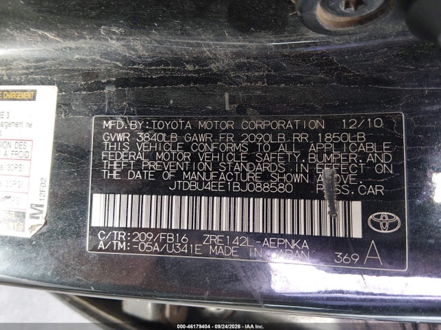 2011 Toyota Corolla Le მანქანა იყიდება აუქციონზე, vin: JTDBU4EE1BJ088580, აუქციონის ნომერი: 46179404