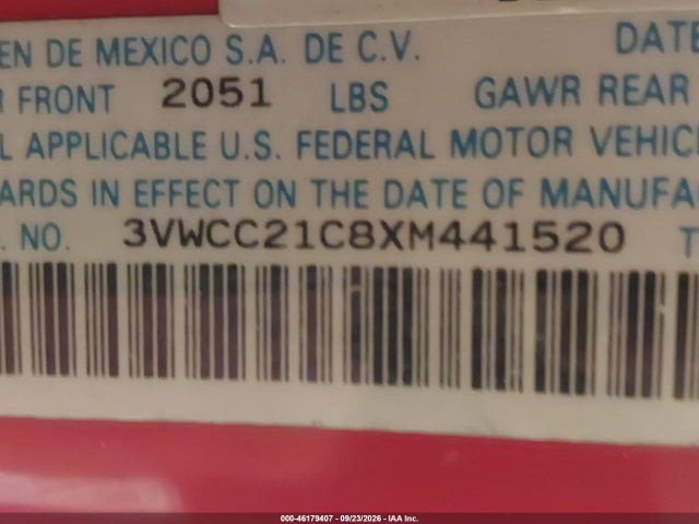46179407 :رقم المزاد ، 3VWCC21C8XM441520 vin ، 1999 Volkswagen New Beetle Gls مزاد بيع