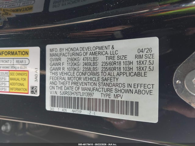 5J6RS3H76TL013997 Honda Cr-v Ex-l 2wd