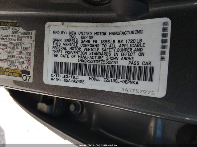 Aukcja sprzedaży 2005 Toyota Corolla Le, vin: 1NXBR32E05Z550870, numer aukcji: 46179421