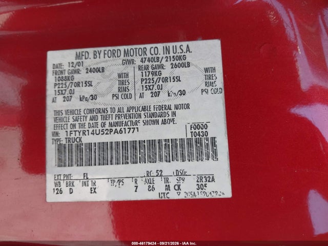 46179424 :رقم المزاد ، 1FTYR14U52PA61771 vin ، 2002 Ford Ranger Edge/tremor/xl/xlt مزاد بيع