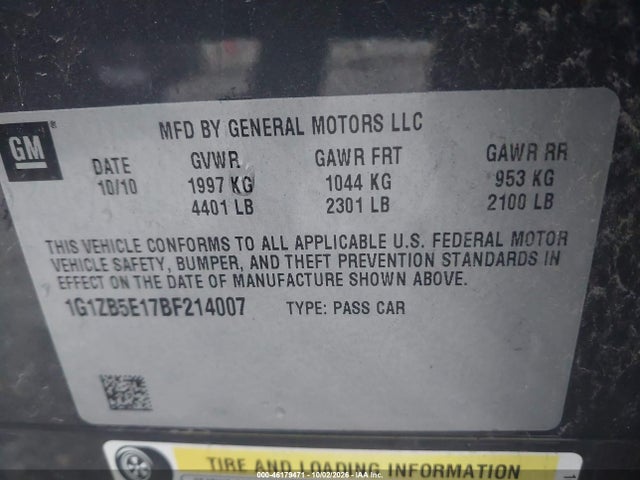 46179471 :رقم المزاد ، 1G1ZB5E17BF214007 vin ، 2011 Chevrolet Malibu Ls مزاد بيع