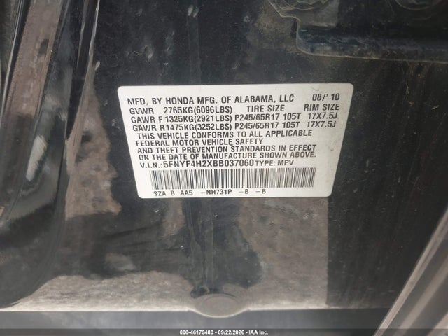 2011 Honda Pilot Lx მანქანა იყიდება აუქციონზე, vin: 5FNYF4H2XBB037060, აუქციონის ნომერი: 46179480