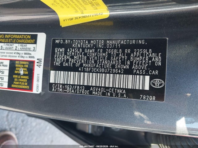46179487 :رقم المزاد ، 4T1BF3EK9BU729642 vin ، 2011 Toyota Camry Le مزاد بيع