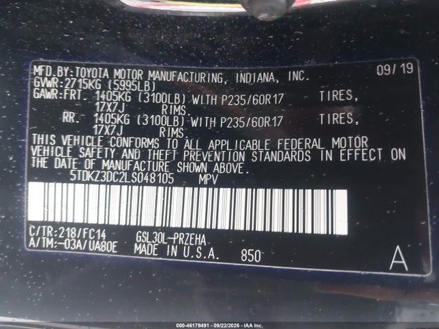 Продаж на аукціоні авто 2020 Toyota Sienna Le, vin: 5TDKZ3DC2LS048105, номер лоту: 46179491