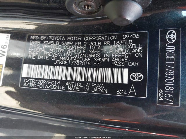 46179497 :رقم المزاد ، JTKDE177870181671 vin ، 2007 Scion Tc مزاد بيع