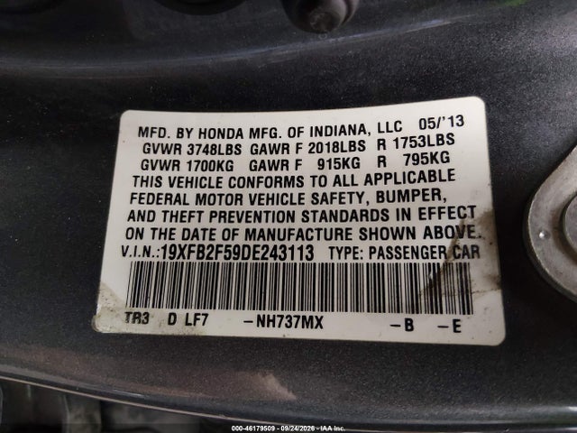 Aukcja sprzedaży 2013 Honda Civic Lx, vin: 19XFB2F59DE243113, numer aukcji: 46179509