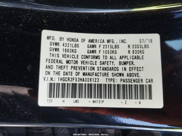 Продаж на аукціоні авто 2017 Honda Accord Sport, vin: 1HGCR2F53HA009123, номер лоту: 46179551