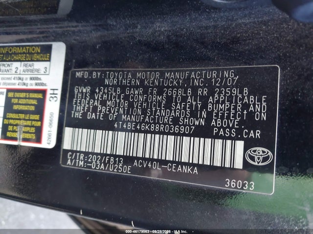 2008 Toyota Camry Le მანქანა იყიდება აუქციონზე, vin: 4T4BE46K88R036907, აუქციონის ნომერი: 46179563