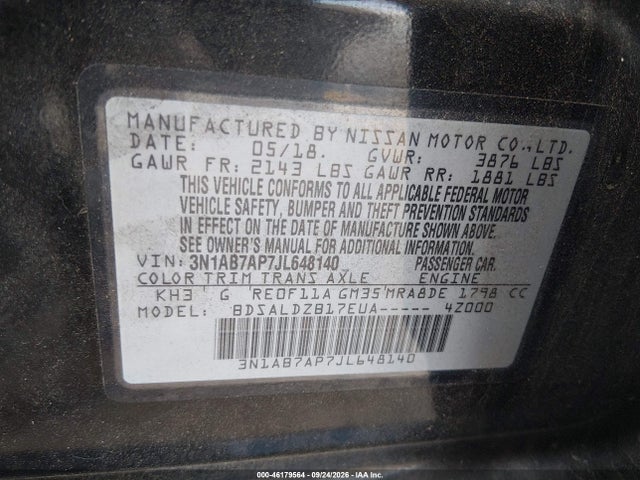 Продаж на аукціоні авто 2018 Nissan Sentra Sv, vin: 3N1AB7AP7JL648140, номер лоту: 46179564