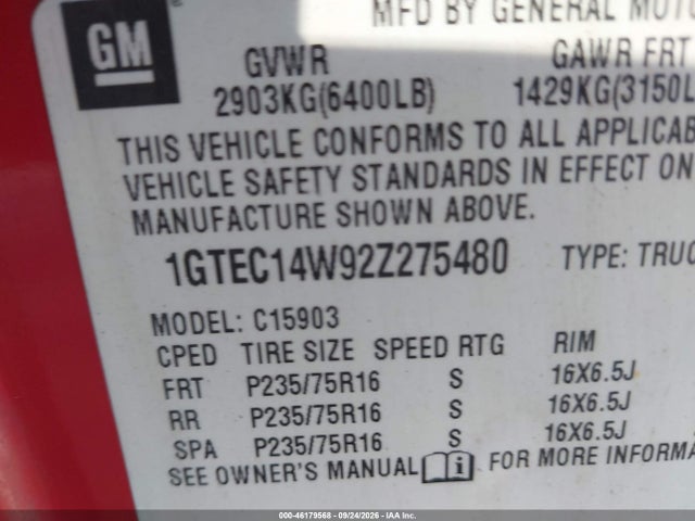 46179568 :رقم المزاد ، 1GTEC14W92Z275480 vin ، 2002 Gmc Sierra 1500 Standard مزاد بيع