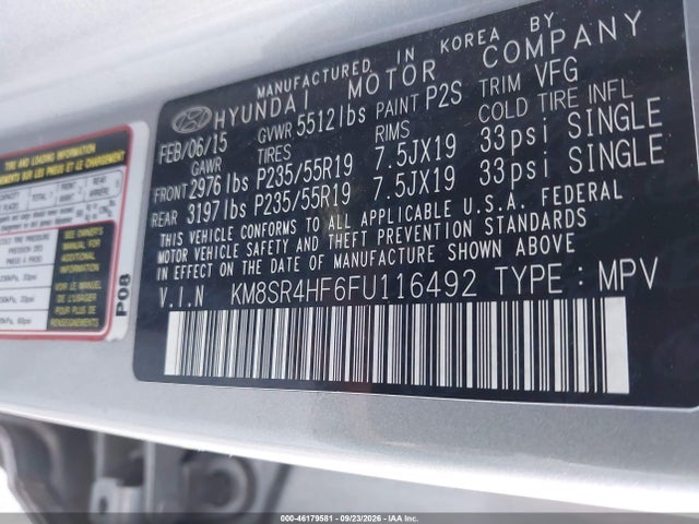 Продаж на аукціоні авто 2015 Hyundai Santa Fe Gls, vin: KM8SR4HF6FU116492, номер лоту: 46179581
