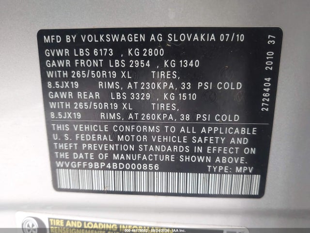 46179582 :رقم المزاد ، WVGFF9BP4BD000856 vin ، 2011 Volkswagen Touareg Vr6 Lux مزاد بيع