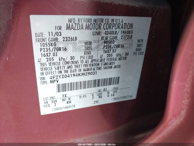 Aukcja sprzedaży 2004 Mazda Tribute Lx V6, vin: 4F2YZ04194KM29031, numer aukcji: 46179591