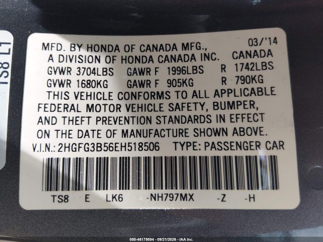 46179594 :رقم المزاد ، 2HGFG3B56EH518506 vin ، 2014 Honda Civic Lx مزاد بيع
