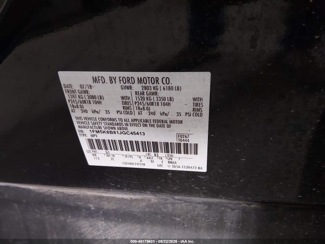 2018 Ford Explorer მანქანა იყიდება აუქციონზე, vin: 1FM5K8B81JGC45413, აუქციონის ნომერი: 46179601