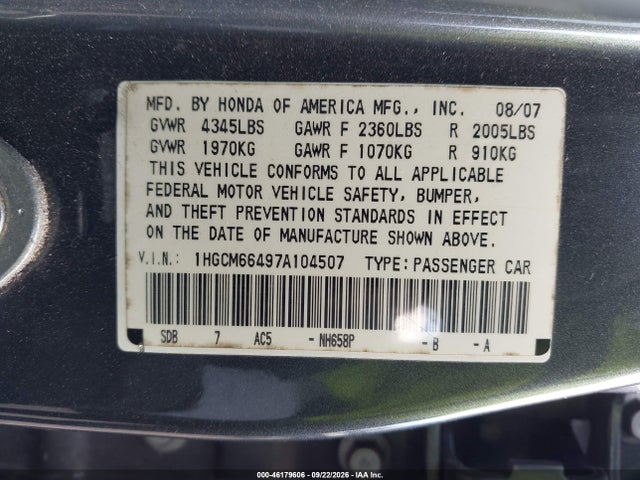 Продажа на аукционе авто 2007 Honda Accord 3.0 Se, vin: 1HGCM66497A104507, номер лота: 46179606