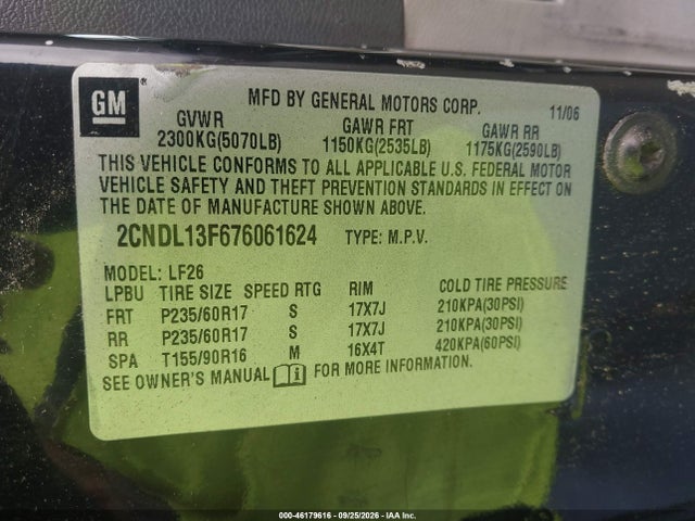 46179616 :رقم المزاد ، 2CNDL13F676061624 vin ، 2007 Chevrolet Equinox Ls مزاد بيع