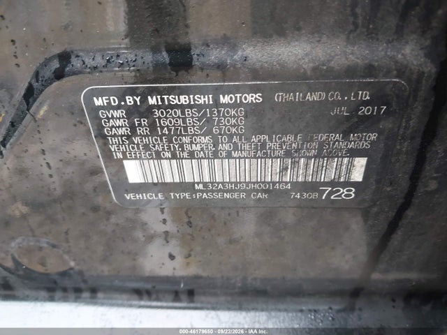 46179650 :رقم المزاد ، ML32A3HJ9JH001464 vin ، 2018 Mitsubishi Mirage Es مزاد بيع