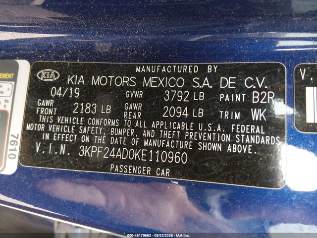 Aukcja sprzedaży 2019 Kia Forte Lxs, vin: 3KPF24AD0KE110960, numer aukcji: 46179662