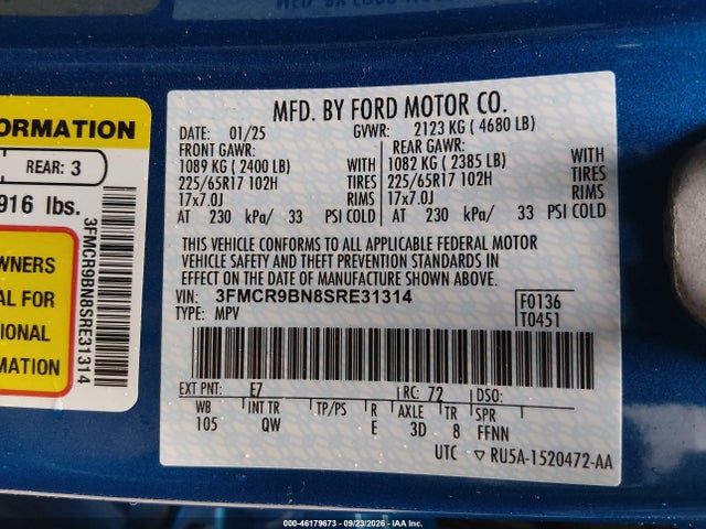46179673 :رقم المزاد ، 3FMCR9BN8SRE31314 vin ، 2025 Ford Bronco Sport Big Bend مزاد بيع