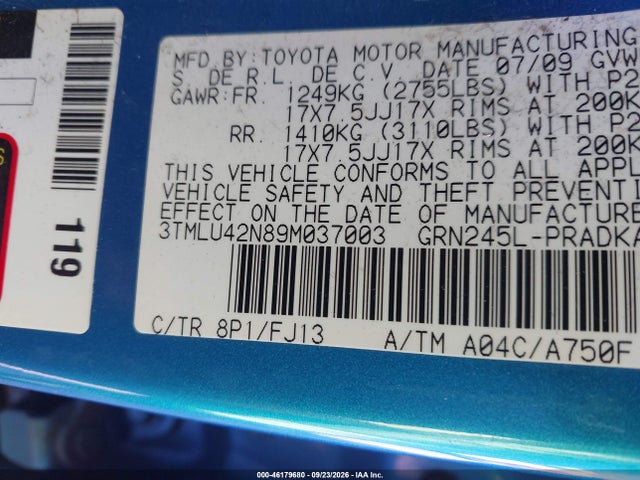 Продажа на аукционе авто 2009 Toyota Tacoma Base V6, vin: 3TMLU42N89M037003, номер лота: 46179680