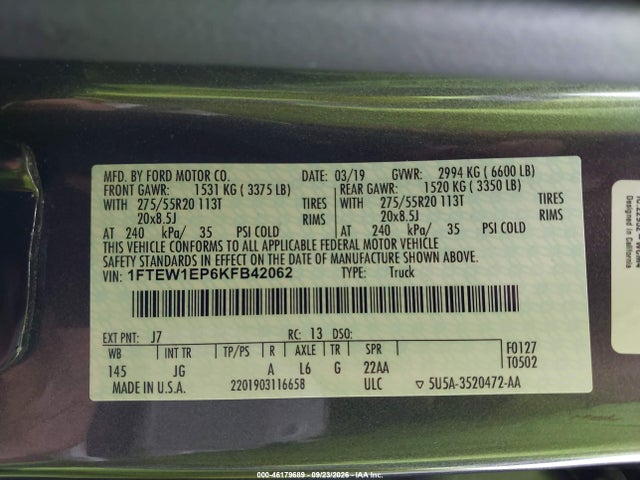 Продажа на аукционе авто 2019 Ford F-150 Xl, vin: 1FTEW1EP6KFB42062, номер лота: 46179689