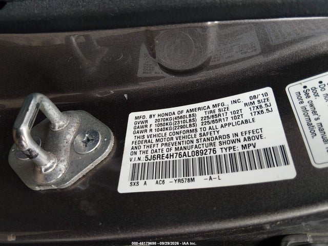 2010 Honda Cr-v Ex-l მანქანა იყიდება აუქციონზე, vin: 5J6RE4H76AL089276, აუქციონის ნომერი: 46179698