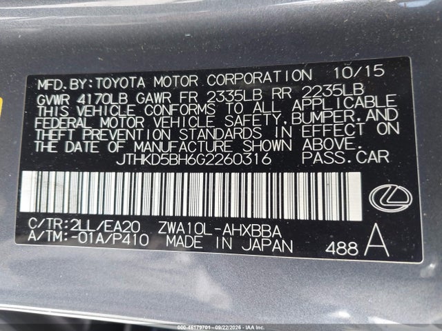 2016 Lexus Ct 200h მანქანა იყიდება აუქციონზე, vin: JTHKD5BH6G2260316, აუქციონის ნომერი: 46179701