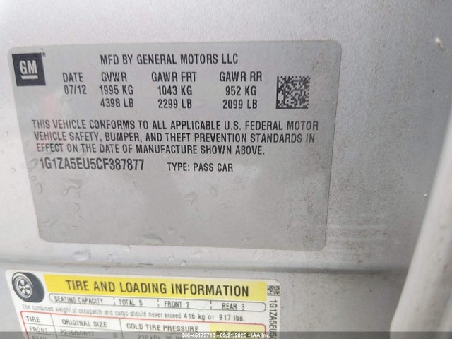 Продаж на аукціоні авто 2012 Chevrolet Malibu Ls, vin: 1G1ZA5EU5CF387877, номер лоту: 46179710