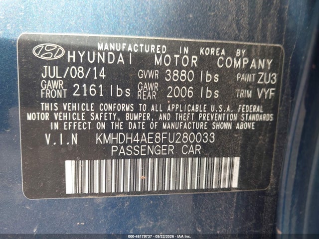 2015 Hyundai Elantra Se მანქანა იყიდება აუქციონზე, vin: KMHDH4AE8FU280033, აუქციონის ნომერი: 46179737