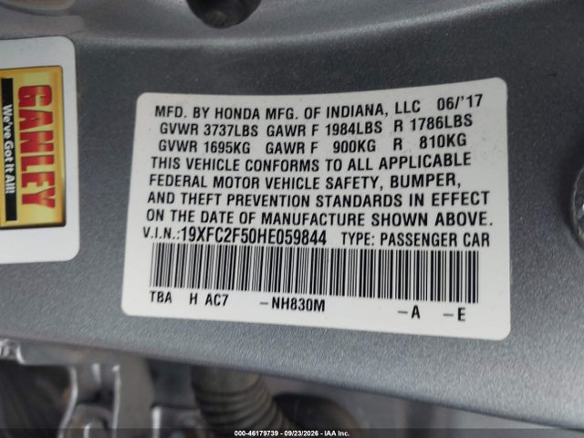 2017 Honda Civic Lx მანქანა იყიდება აუქციონზე, vin: 19XFC2F50HE059844, აუქციონის ნომერი: 46179739