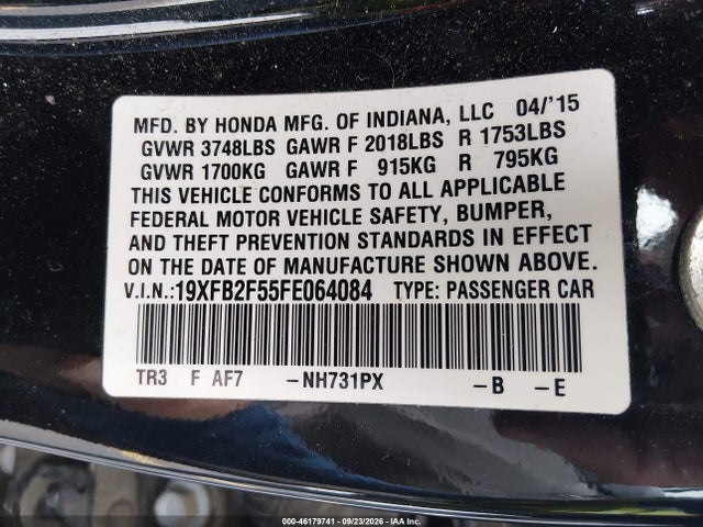 46179741 :رقم المزاد ، 19XFB2F55FE064084 vin ، 2015 Honda Civic Lx مزاد بيع