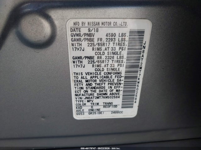 46179747 :رقم المزاد ، JN8AT2MT7KW502584 vin ، 2019 Nissan Rogue Sv مزاد بيع