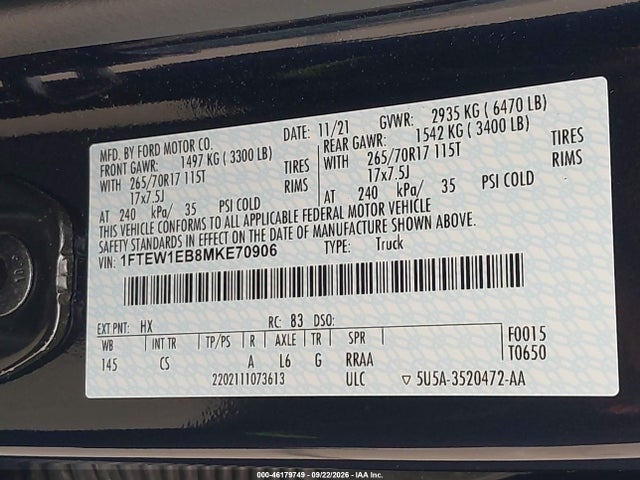 Продаж на аукціоні авто 2021 Ford F-150 Xl, vin: 1FTEW1EB8MKE70906, номер лоту: 46179749