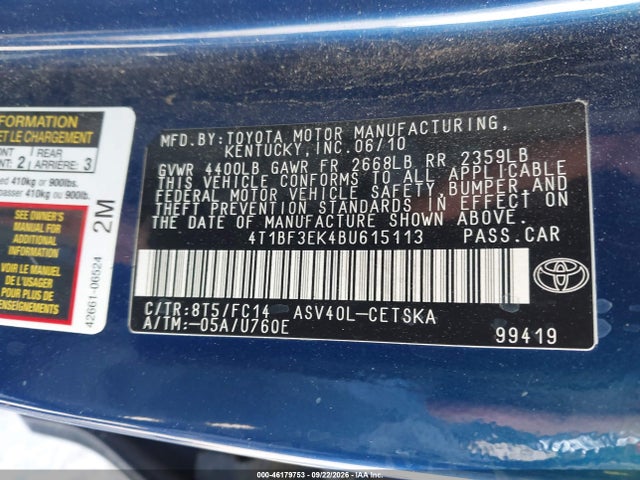 46179753 :رقم المزاد ، 4T1BF3EK4BU615113 vin ، 2011 Toyota Camry Se مزاد بيع