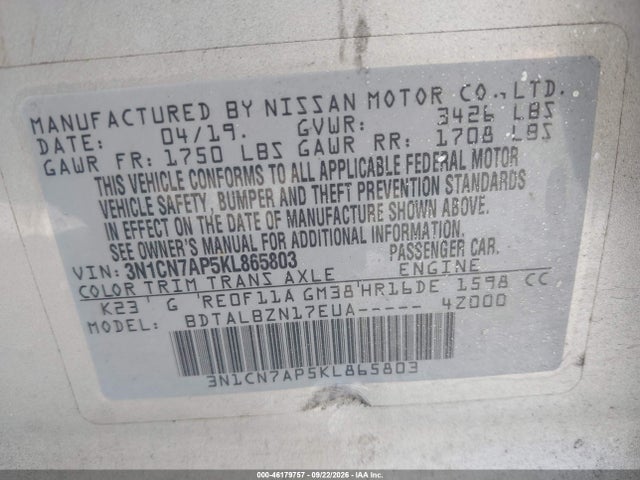 46179757 :رقم المزاد ، 3N1CN7AP5KL865803 vin ، 2019 Nissan Versa 1.6 Sv مزاد بيع