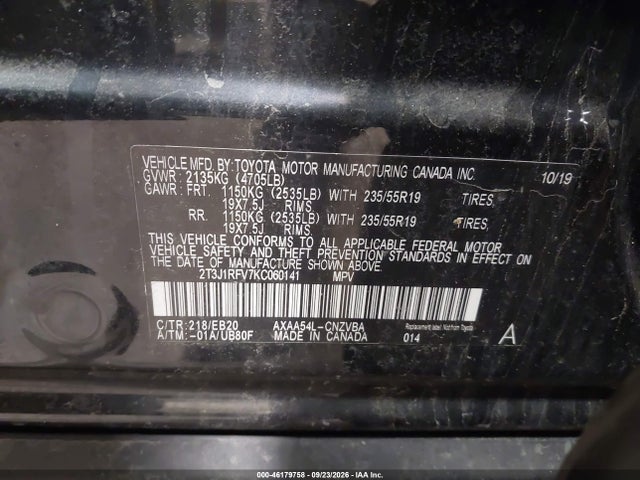 Aukcja sprzedaży 2019 Toyota Rav4 Adventure, vin: 2T3J1RFV7KC060141, numer aukcji: 46179758